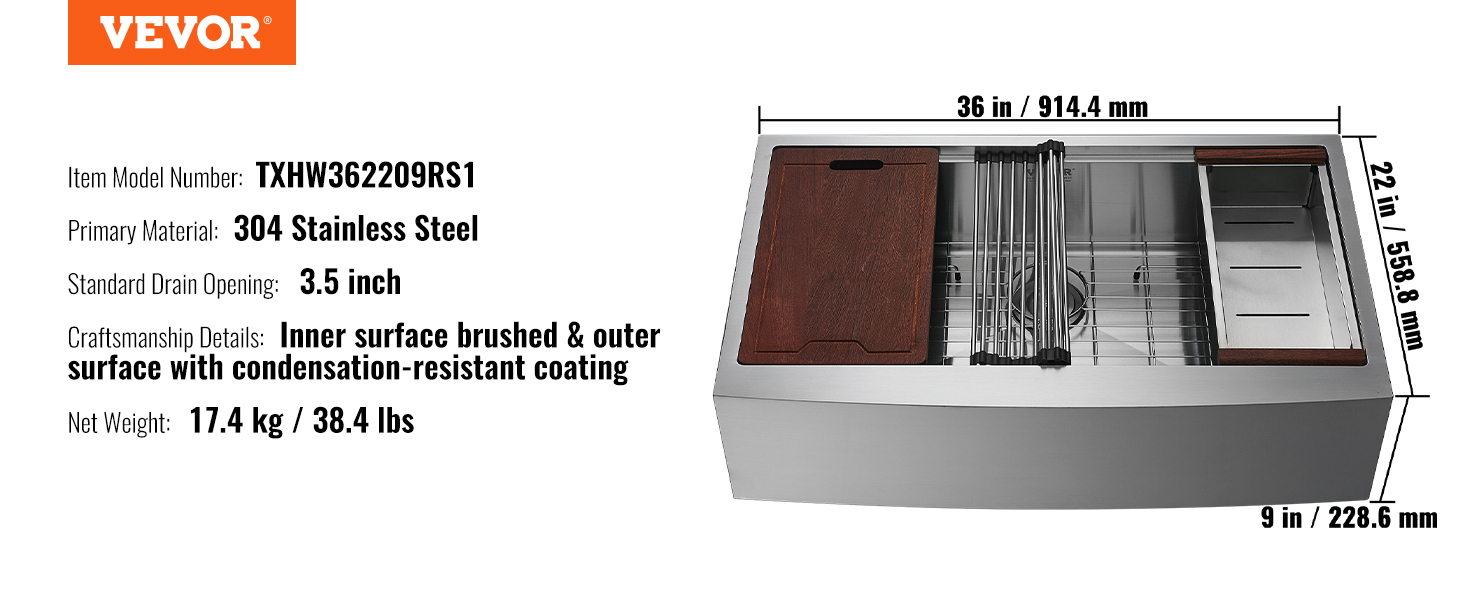 VEVOR 36-inch 304 stainless steel farmhouse sink, includes cutting board and drying rack.