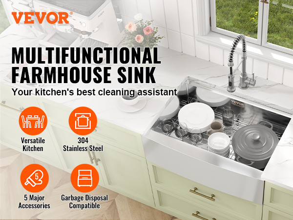 VEVOR farmhouse sink in modern kitchen with faucet, dishes, and cutting board with lemons.