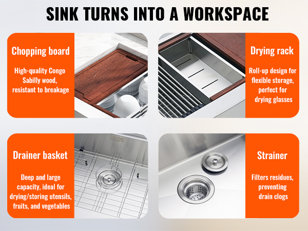VEVOR farmhouse sink accessories: chopping board, drying rack, drainer basket, and strainer.