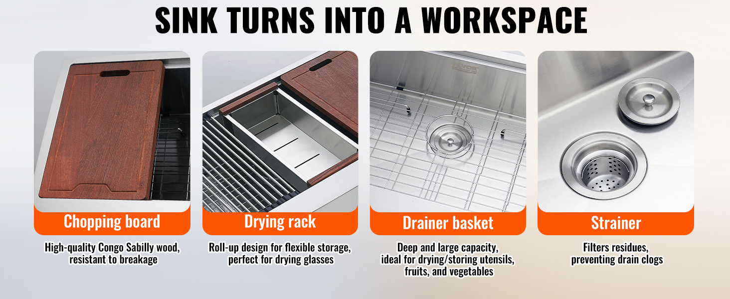 VEVOR farmhouse sink accessories: chopping board, drying rack, drainer basket, and strainer.