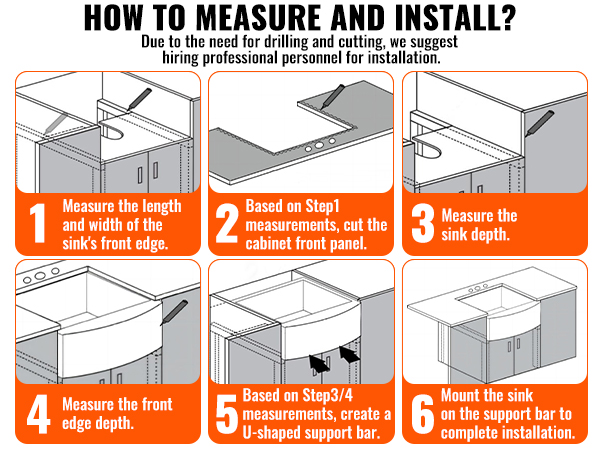 how to measure and install VEVOR farmhouse sink, step-by-step guide with visuals for accurate dimensions.