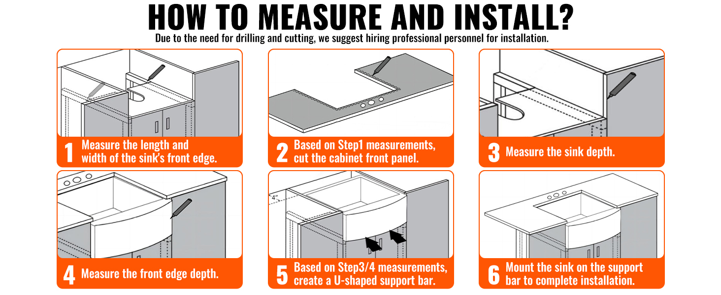 how to measure and install VEVOR farmhouse sink, step-by-step guide with visuals for accurate dimensions.