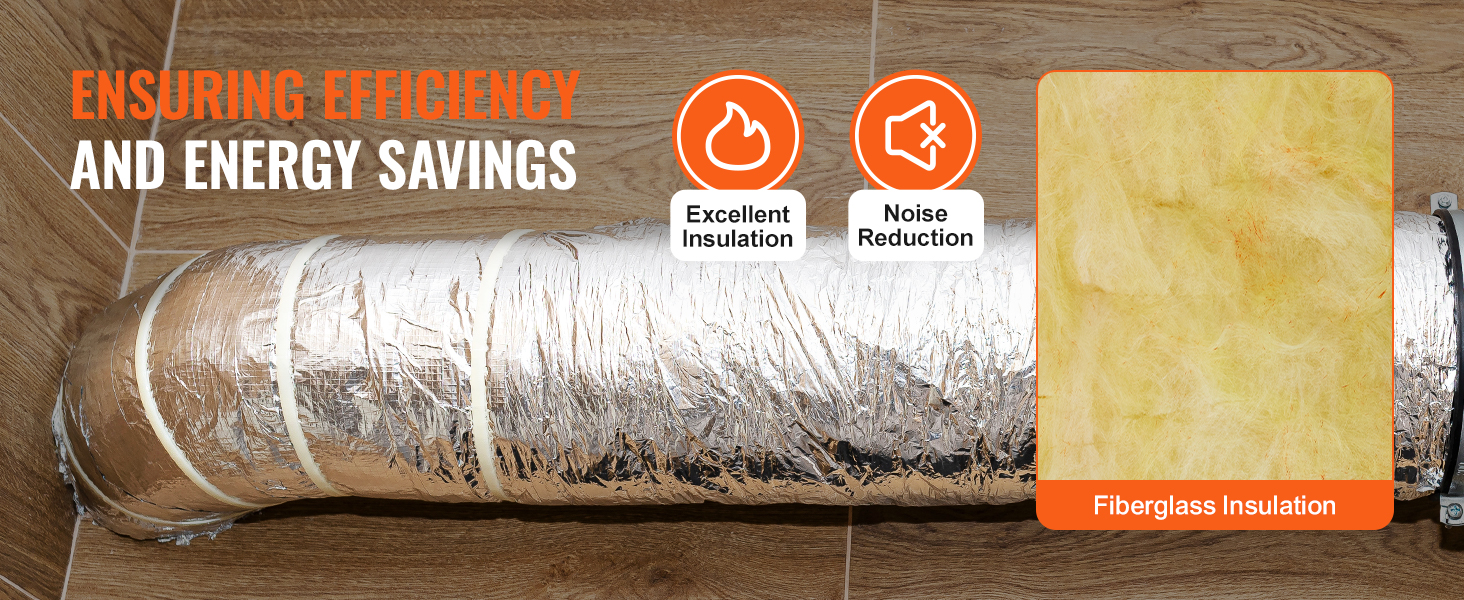VEVOR dryer vent hose with fiberglass insulation, ensuring efficiency, excellent insulation, and noise reduction.