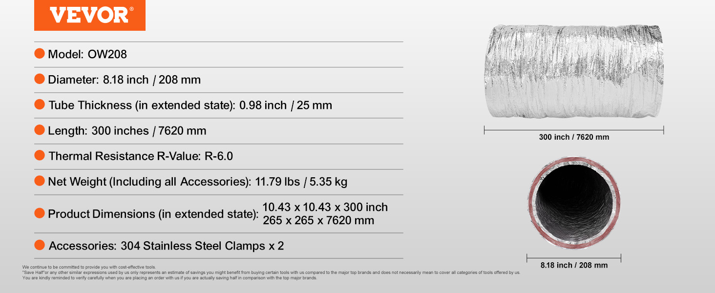 VEVOR dryer vent hose specifications: 8.18" diameter, 300" length, 0.98" thickness, 11.79 lbs.