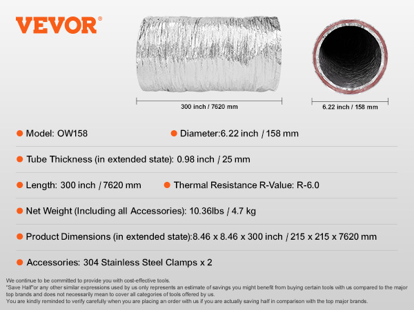 VEVOR dryer vent hose: 6.22 inch diameter, 300 inch length, 0.98 inch thickness, includes 2 clamps.