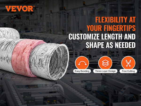 VEVOR dryer vent hose showcasing flexible and customizable design with easy bending, three-layer, and free cutting features.