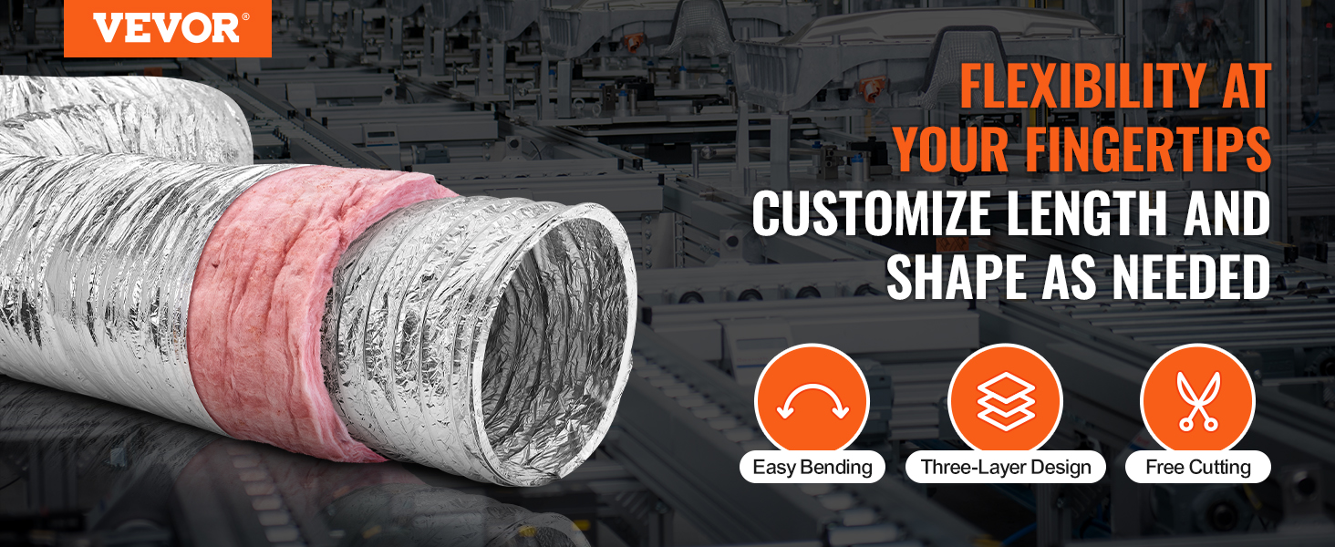 VEVOR dryer vent hose showcasing flexible and customizable design with easy bending, three-layer, and free cutting features.