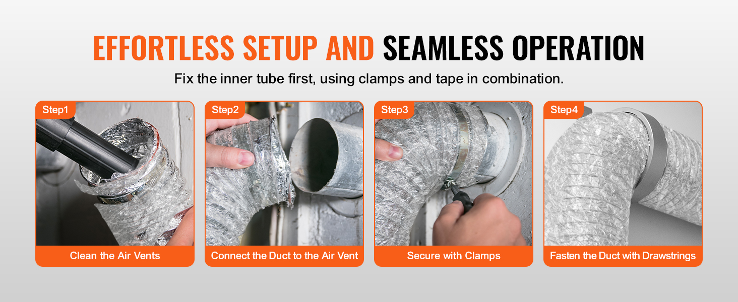 effortless setup guide for VEVOR dryer vent hose installation using clamps and tape.