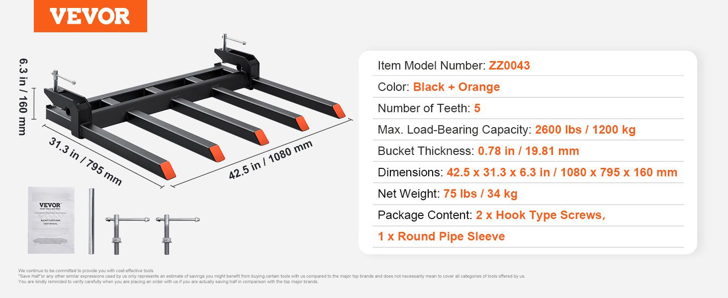 VEVOR clamp on debris forks, black and orange, 5 teeth, 2600 lbs capacity, 42.5 x 31.3 x 6.3 in dimensions.