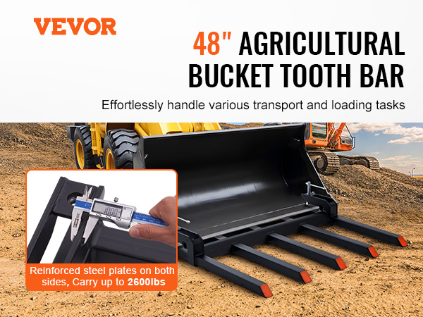 VEVOR 48" agricultural bucket tooth bar attached to loader for efficient transport and loading tasks.