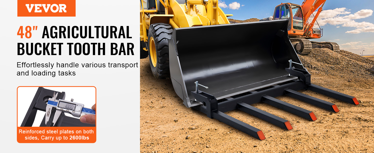 VEVOR 48" agricultural bucket tooth bar attached to loader for efficient transport and loading tasks.