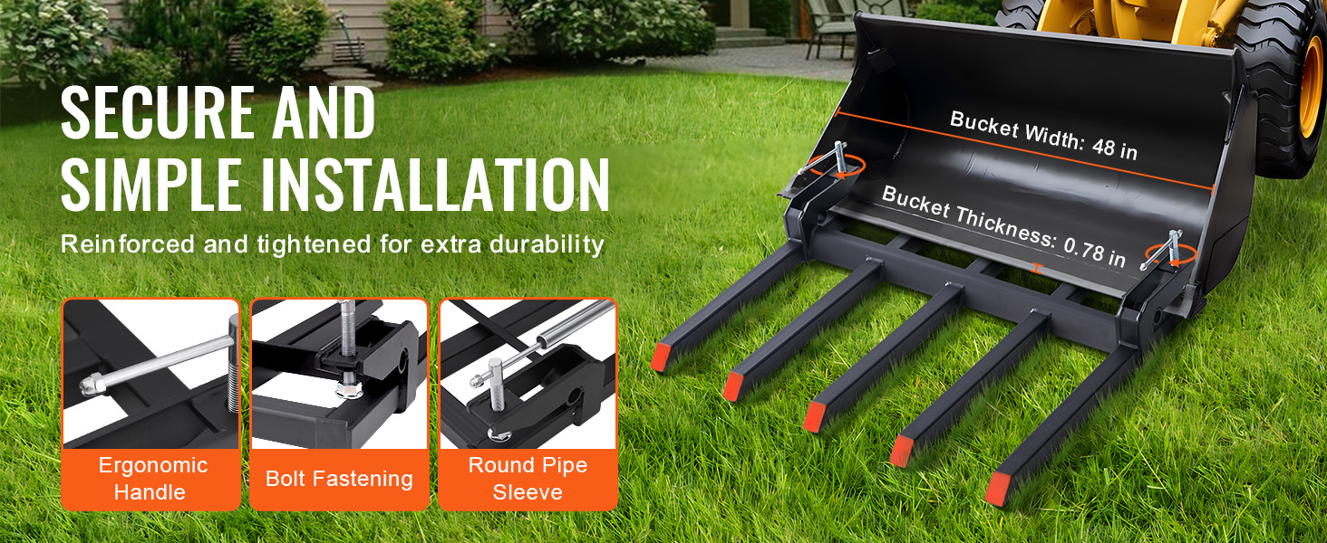 VEVOR clamp on debris forks, easy installation with ergonomic handle, bolt fastening, and round pipe sleeve.