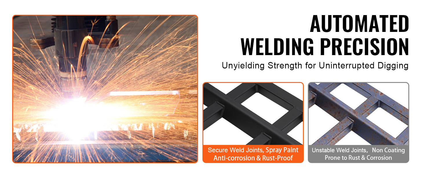 VEVOR clamp on debris forks showcasing automated welding precision for durable, rust-proof joints.