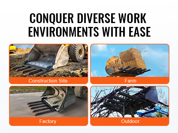 VEVOR clamp on debris forks in four work environments: construction site, farm, factory, and outdoor.