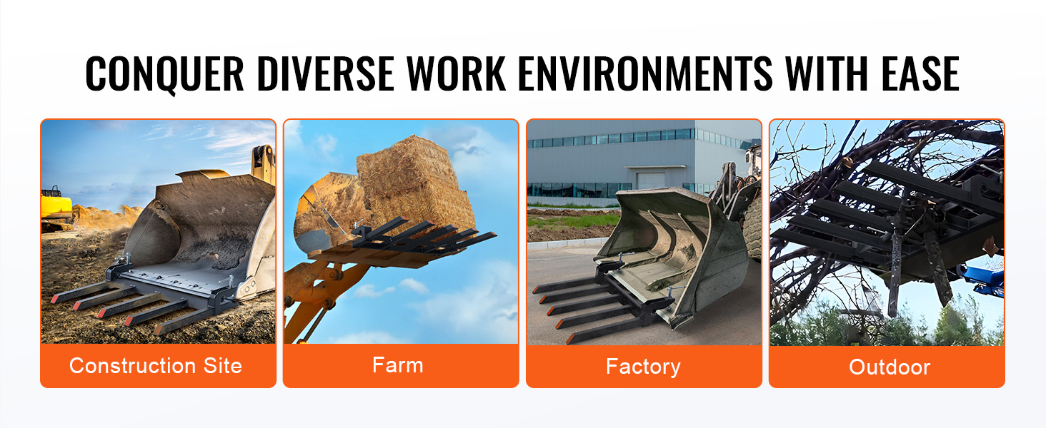 VEVOR clamp on debris forks in four work environments: construction site, farm, factory, and outdoor.