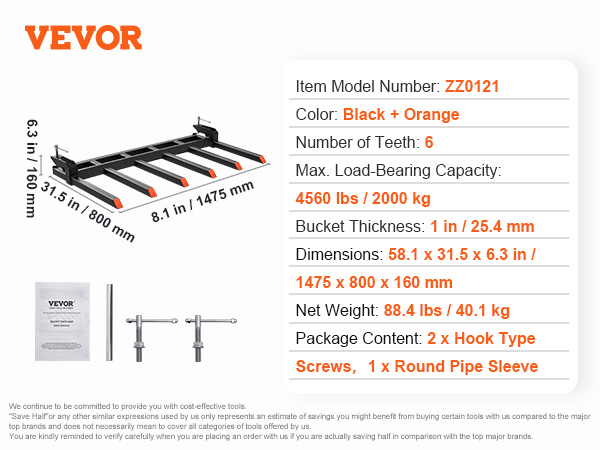 VEVOR debris forks, black and orange, 4560 lbs load, 6 teeth, includes hook screws and pipe sleeve.