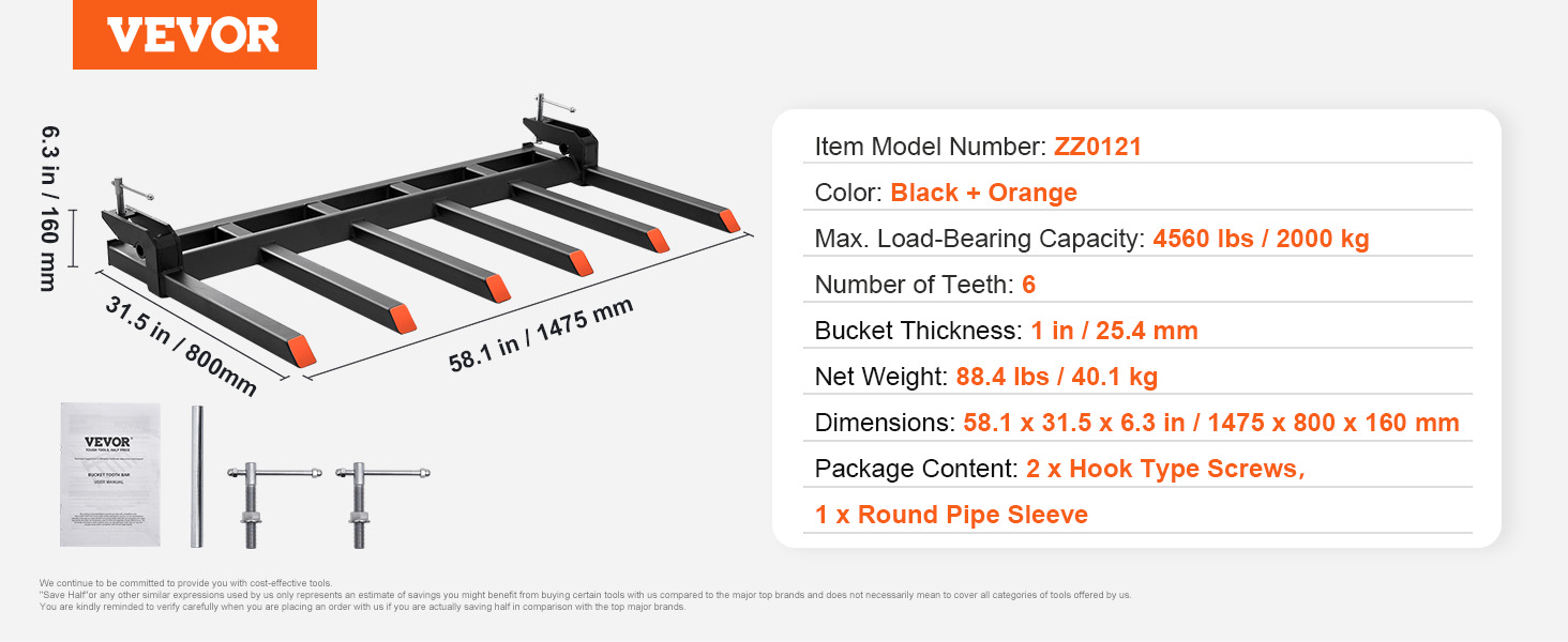 VEVOR debris forks, black and orange, 4560 lbs load, 6 teeth, includes hook screws and pipe sleeve.