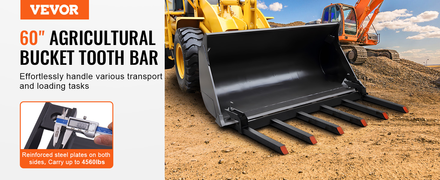 VEVOR agricultural bucket tooth bar on a yellow loader with reinforced steel plates and 4560 lbs capacity.