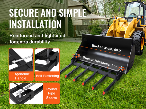 secure installation of VEVOR debris forks with ergonomic handle, bolt fastening, and round pipe sleeve.