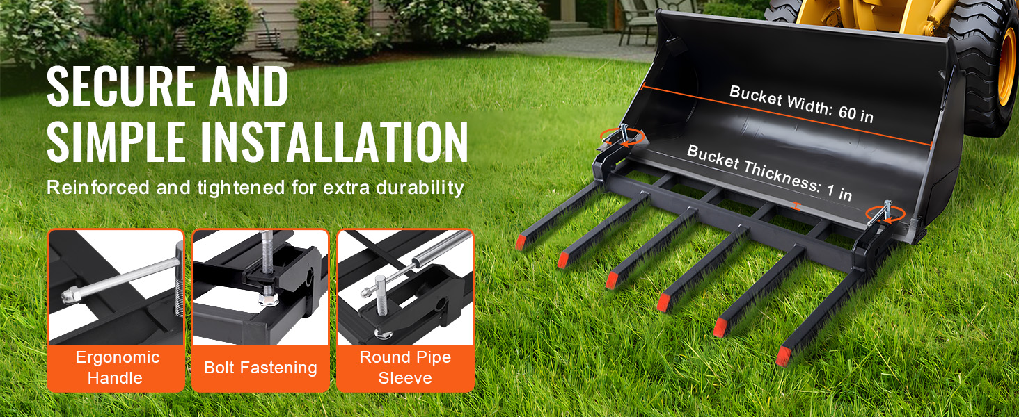 secure installation of VEVOR debris forks with ergonomic handle, bolt fastening, and round pipe sleeve.