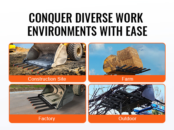 VEVOR debris forks on construction site, farm, factory, and outdoor environments. conquer diverse work environments.