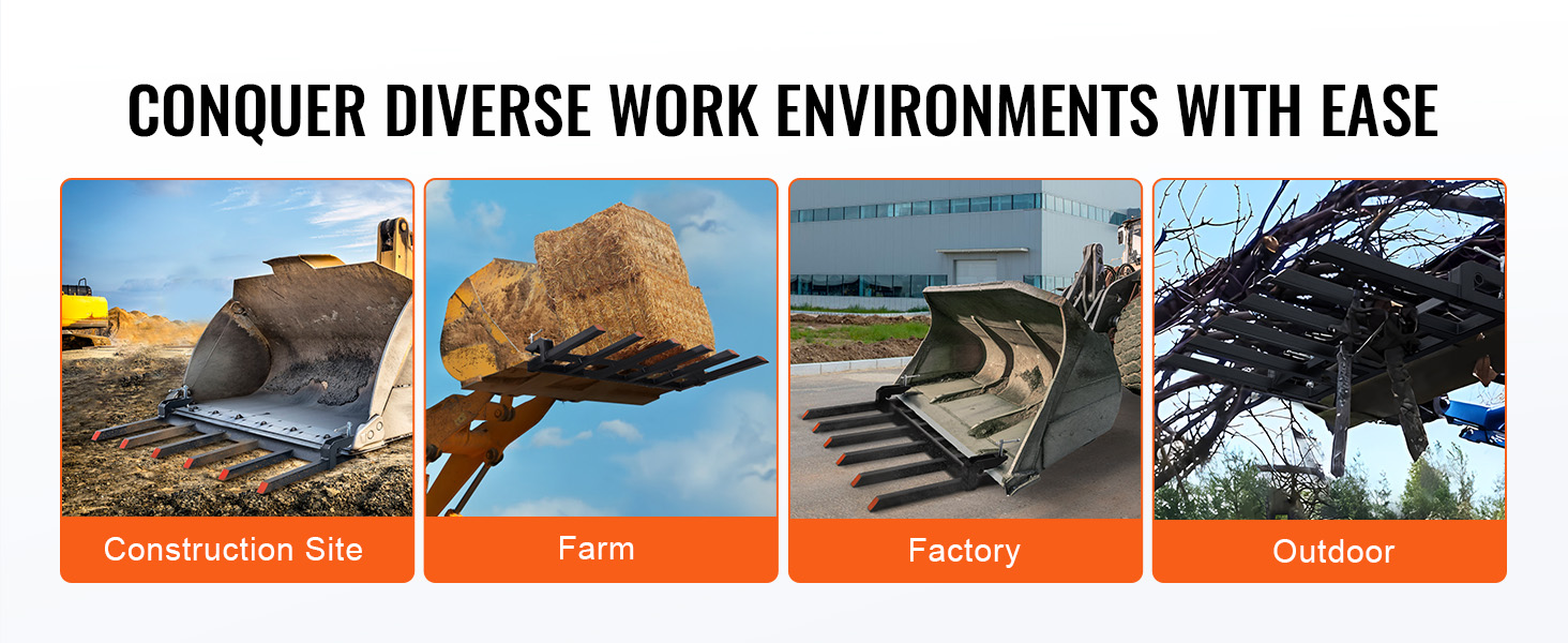 VEVOR debris forks on construction site, farm, factory, and outdoor environments. conquer diverse work environments.