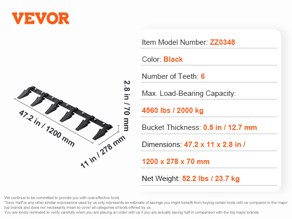 VEVOR bucket tooth bar, model zz0348, black, 6 teeth, 4560 lbs load, 47.2 x 11 x 2.8 in dimensions.