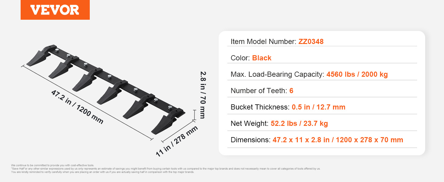VEVOR bucket tooth bar, model zz0348, black, 6 teeth, 4560 lbs load, 47.2 x 11 x 2.8 in dimensions.
