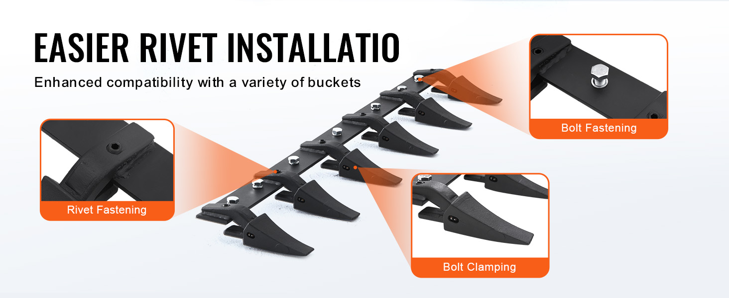 VEVOR bucket tooth bar with rivet and bolt fastening for enhanced bucket compatibility.