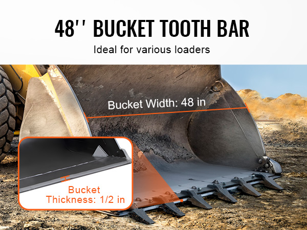 yellow loader with a 48" VEVOR bucket tooth bar, 1/2" bucket thickness, designed for various types of loaders.