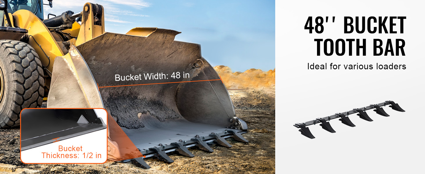 yellow loader with a 48" VEVOR bucket tooth bar, 1/2" bucket thickness, designed for various types of loaders.