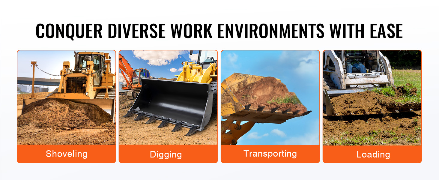 construction equipment using VEVOR bucket tooth bar for shoveling, digging, transporting, and loading soil.