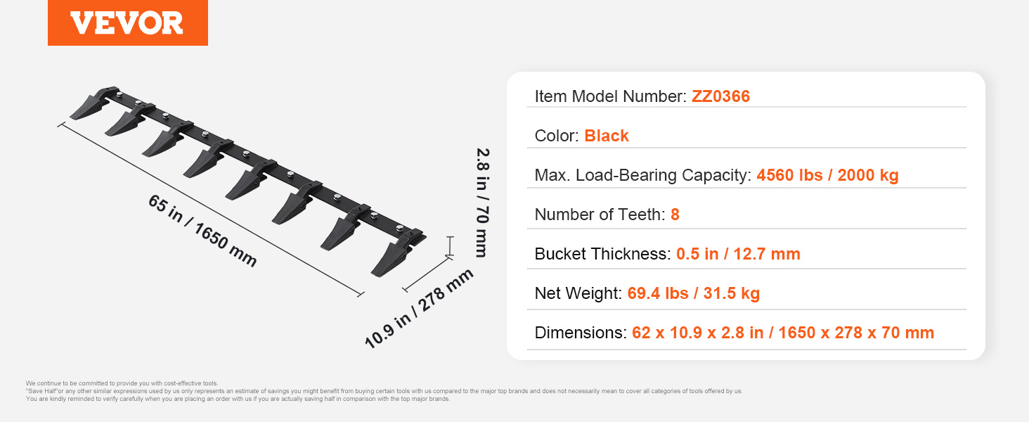 VEVOR bucket tooth bar with 8 teeth, zz0366 model, 4560 lbs capacity, 69.4 lbs, 1650x278x70mm dimensions.