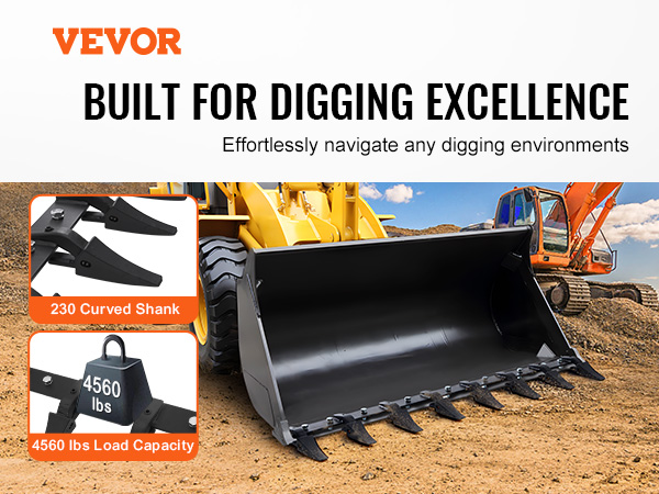 VEVOR bucket tooth bar for efficient digging, 230 curved shank, 4560 lbs load capacity.