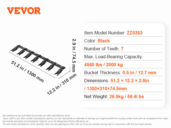 VEVOR bucket tooth bar with 7 teeth, 51.2 inches long, black, max load 4560 lbs, model zz0353.