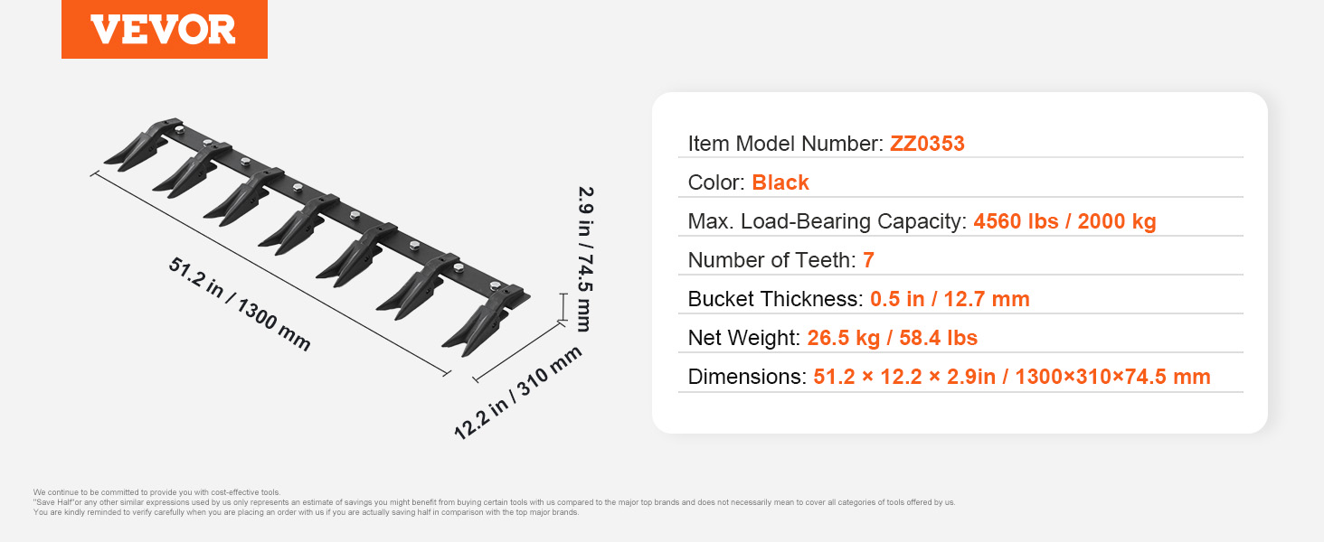 VEVOR bucket tooth bar with 7 teeth, 51.2 inches long, black, max load 4560 lbs, model zz0353.