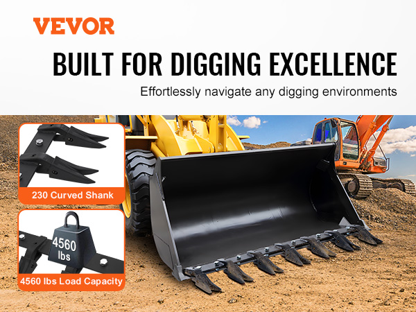 VEVOR bucket tooth bar on a yellow loader, promoting its 230 curved shank and 4560 lbs load capacity.