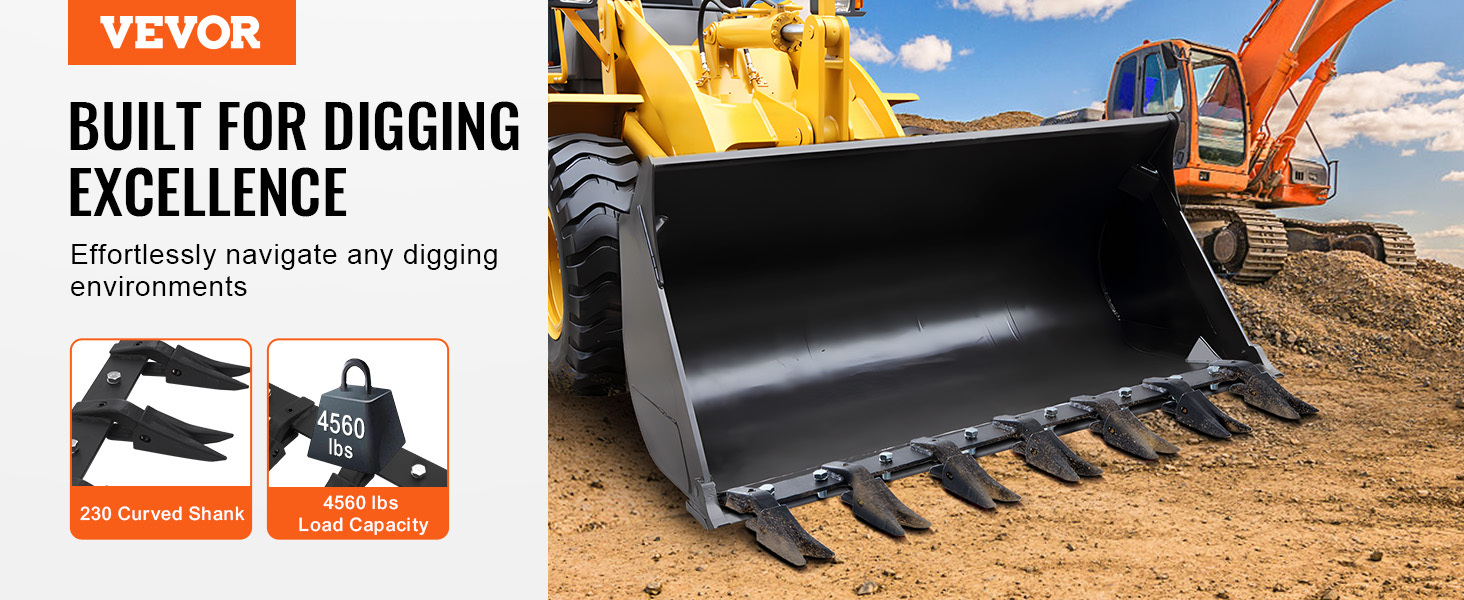 VEVOR bucket tooth bar on a yellow loader, promoting its 230 curved shank and 4560 lbs load capacity.