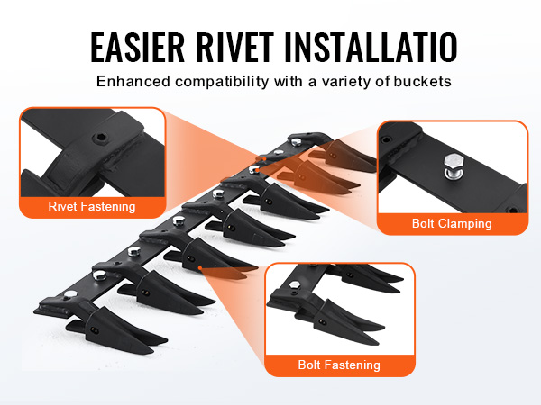 VEVOR bucket tooth bar with rivet fastening and bolt clamping for easy installation on various buckets.