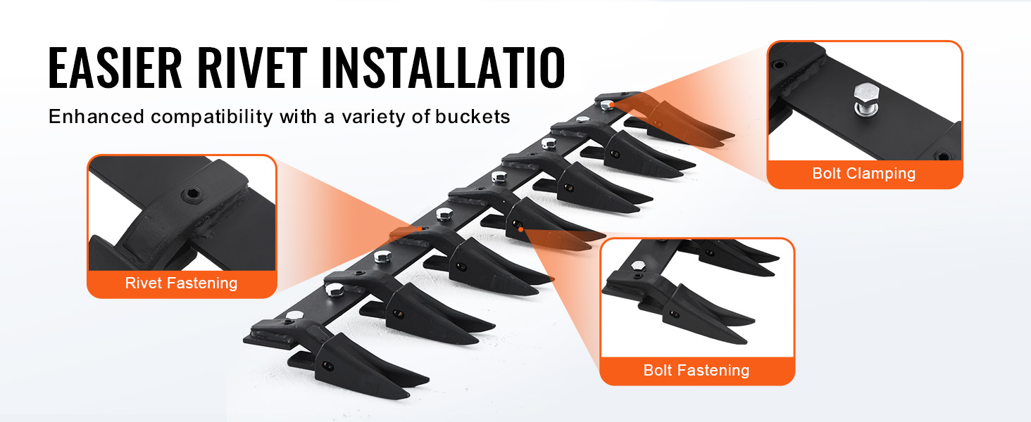 VEVOR bucket tooth bar with rivet fastening and bolt clamping for easy installation on various buckets.