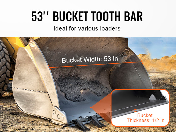 yellow loader with 53" bucket width and VEVOR bucket tooth bar attachment for enhanced digging.