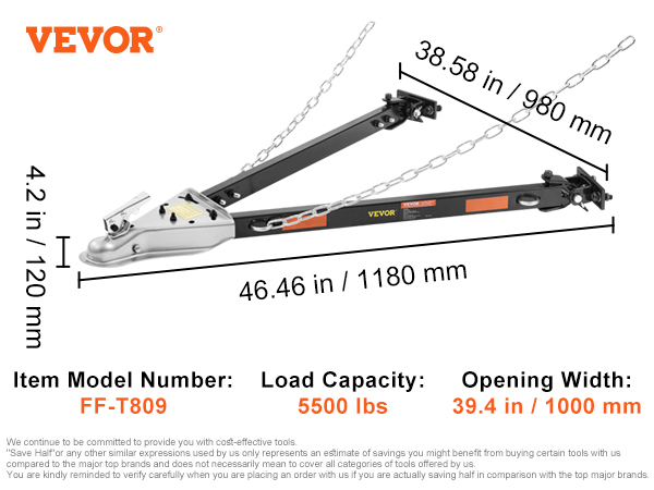 VEVOR tow bar, ff-t809 model, alloy steel, 5500 lbs load capacity, 39.4 in width, 27.85 lbs weight.