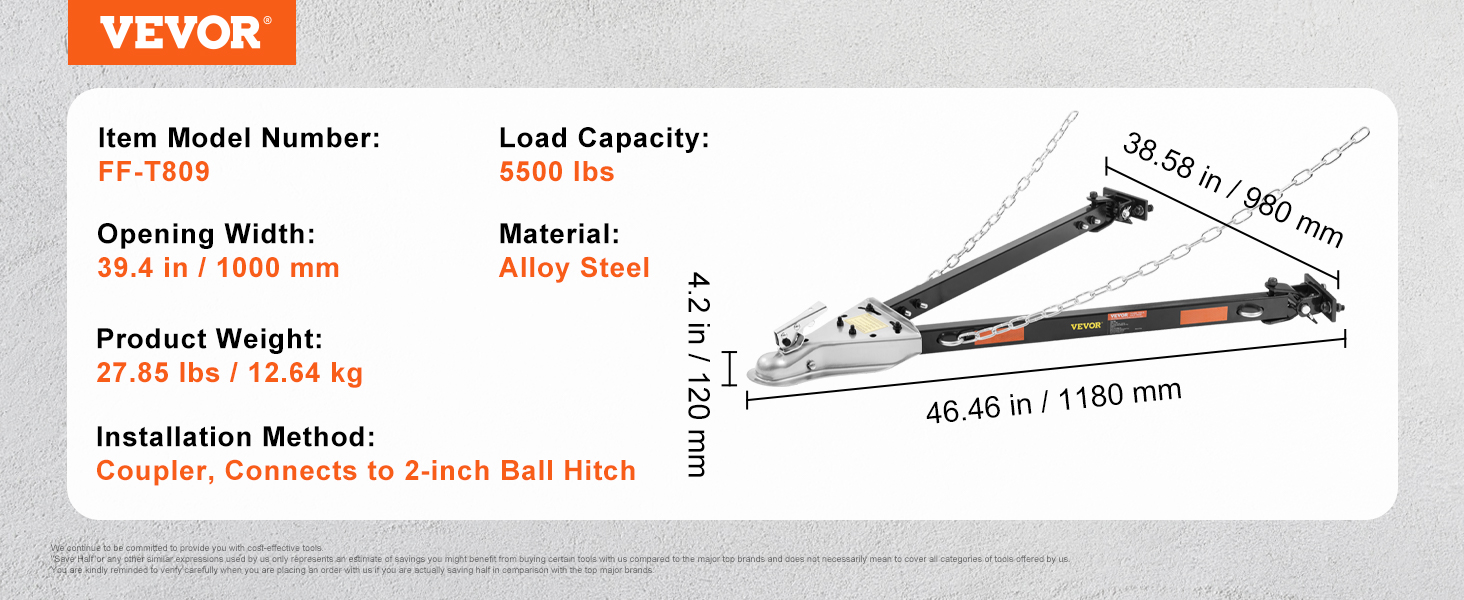 VEVOR tow bar, ff-t809 model, alloy steel, 5500 lbs load capacity, 39.4 in width, 27.85 lbs weight.