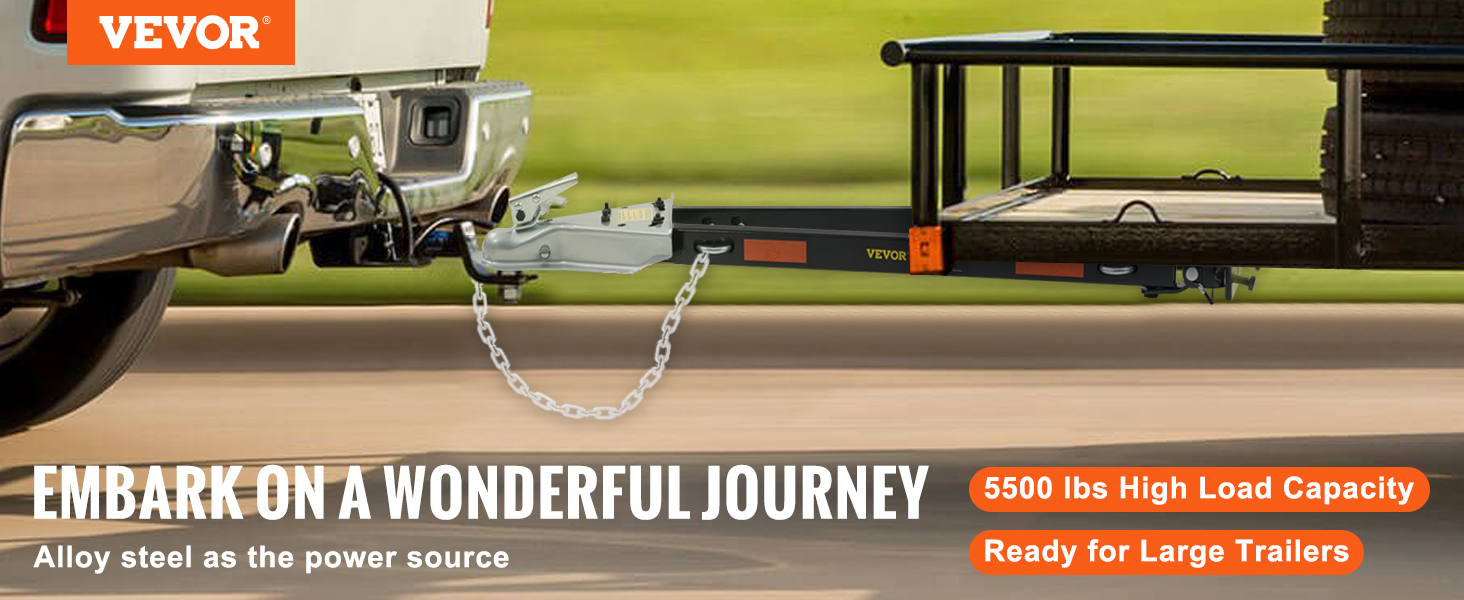 VEVOR tow bar for large trailers, 5500 lbs load capacity, alloy steel linkage to vehicle and trailer.