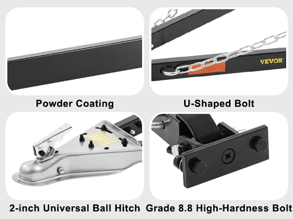 VEVOR tow bar features powder coating, 2-inch universal ball hitch, u-shaped bolt, and grade 8.8 bolt.