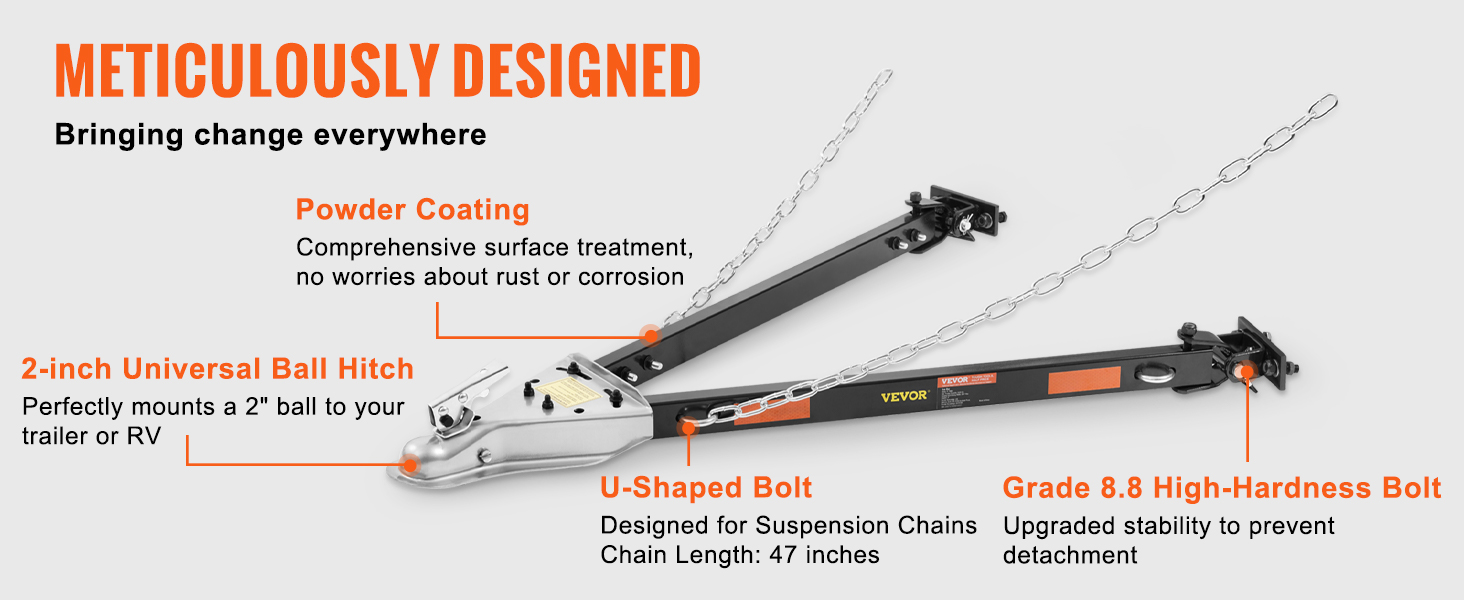 VEVOR tow bar features powder coating, 2-inch universal ball hitch, u-shaped bolt, and grade 8.8 bolt.