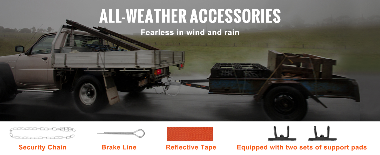 pickup truck towing trailer with a VEVOR tow bar in rainy weather, featuring security chain and brake line.