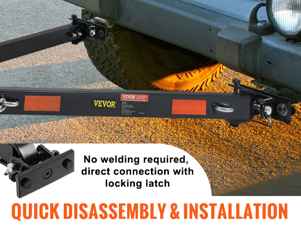 VEVOR tow bar with quick-release lock for easy assembly; no welding needed, direct connection.