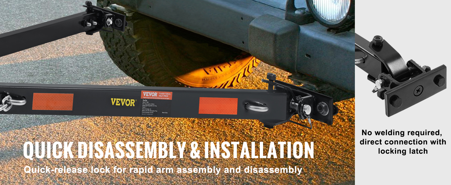 VEVOR tow bar with quick-release lock for easy assembly; no welding needed, direct connection.