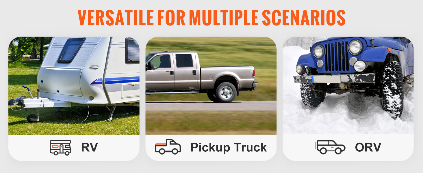 VEVOR tow bar for rv, pickup truck, and orv in various outdoor scenarios.